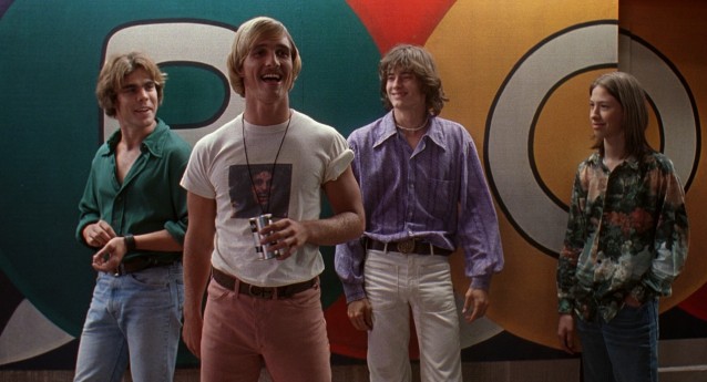 In his film debut, Matthew McConaughey (playing pink-panted graduate David Wooderson) explains, to others' amusement, what he loves about high school girls: he gets older, but they stay the same age.