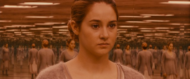 Ordinarily restricted by Abnegation's vanity limitations, Tris Prior (Shailene Woodley) takes a good long look at herself in an infinite mirror as part of her aptitude test.