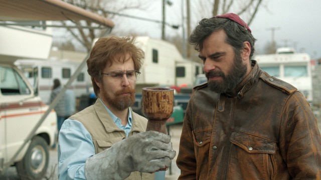 Don Verdean (Sam Rockwell) and Boaz Yohalem (Jemaine Clement) examine the religious artifact they themselves just fabricated in "Don Verdean."