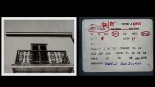 First assistant cameraman Jack Anderson notes the camera settings for this balcony shot setup on back of his Polaroid reference photo.