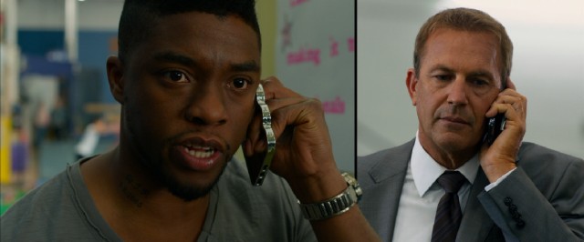 "Draft Day" spices up phone call scenes like this chat between Vontae Mack (Chadwick Boseman) and Sonny Weaver Jr. (Kevin Costner) with uneven split-screens that characters are able to burst through.