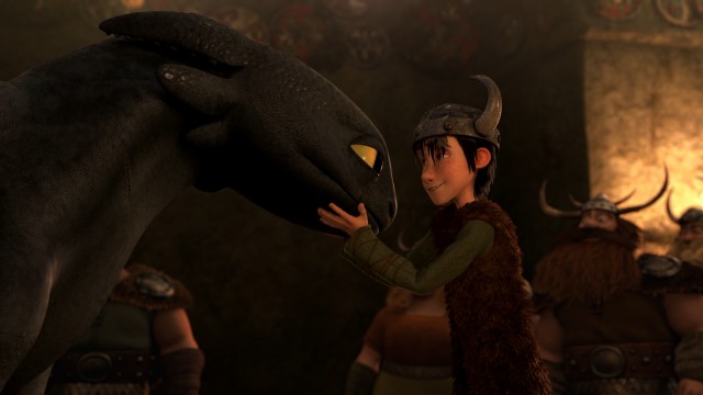 Toothless the dragon and Hiccup the Viking reunite for a heartwarming Snoggletog.