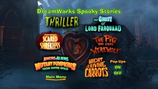 The DVD's DreamWorks Spooky Stories menu displays title logos for the six featured shorts.