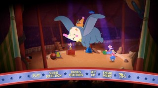 Dumbo clowns around at heights unknown to his human co-stars in the DVD's new main menu.