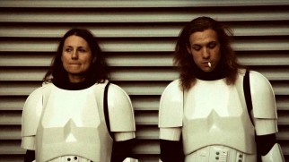 (Authentic?) behind-the-scenes footage shows a couple of long-haired storm troopers enjoying a break from filming in "Elstree 1976."