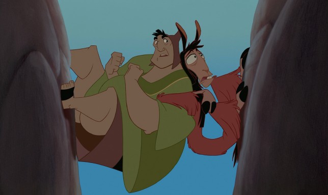 Peasant Pacha and Emperor-turned-llama Kuzco work together to avoid a huge drop into a river full of crocodiles in "The Emperor's New Groove."