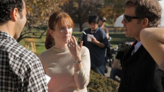 Greg Kinnear wears his sunglasses on set as he collaborates with Julianne Moore in "Making 'The English Teacher.'"