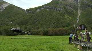 In remote, scenic Norway, "Ex Machina" filmmakers shoot a helicopter's landing for the Jurassic Park-like opening.