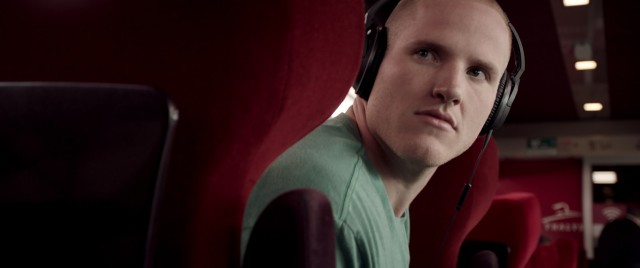 Spencer Stone (playing himself) sees trouble a brewing aboard "The 15:17 to Paris."