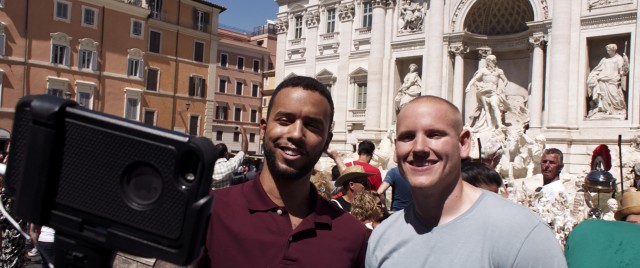 Anthony Sadler and Spencer Stone make use of a selfie stick on their European trip together in "The 15:17 to Paris."