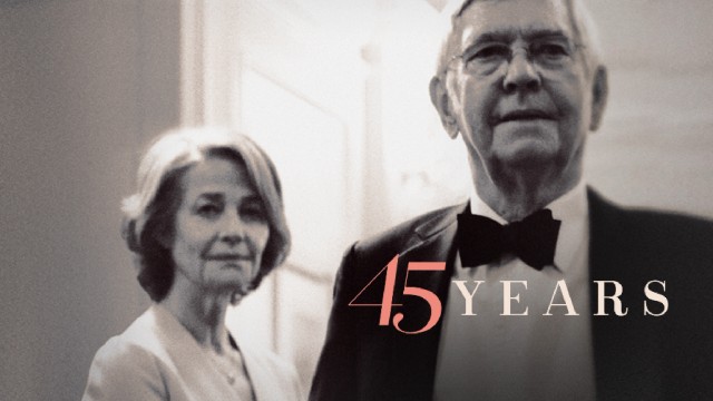 The "45 Years" Blu-ray menu adapts black and white UK poster art.