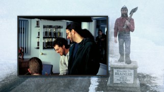 The Coen brothers have a laugh in Jerry Lundegaard's office while Paul Bunyan looks on in this photo gallery shot.