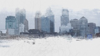 The remastered Fargo Blu-ray's menu places a layer of ice over a shot of the Minneapolis skyline.