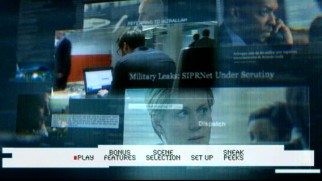 The Fifth Estate's DVD and Blu-ray employ this layered, high-tech main menu montage.