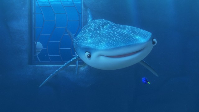 Dory reconnects with her old "pipe pal" Destiny, a near-sighted whale shark.