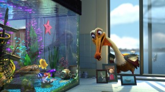 Nigel the pelican drops in for a chat with the fish tank gang.