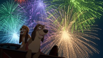 Copper enjoys a Ferris wheel view of fair fireworks on the back of Cash in "The Fox and the Hound 2."