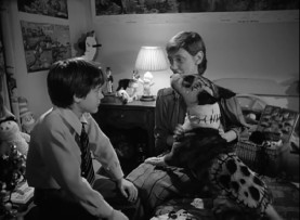 Victor (Barret Oliver), Sparky, and Mrs. Frankenstein (Shelley Duvall) share a moment together in Tim Burton's original 1984 live-action short "Frankenweenie."
