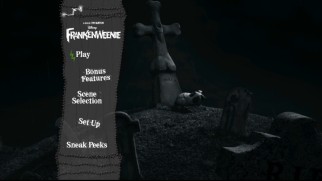 Sparky catches some shuteye by his tombstone in the Pet Cemetery on the DVD's main menu.