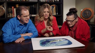 Alice Davis (far right) shows her husband's concept art for an unrealized Hans Christian Anderson theme park attraction to "Frozen" directors Chris Buck and Jennifer Lee.