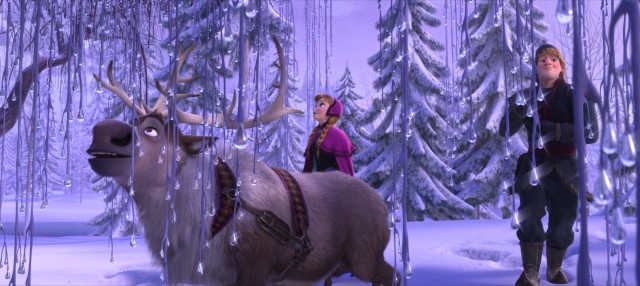 Elsa's powers cast an icy beauty to the land of Arendelle, as Sven, Anna, and Kristoff notice here.