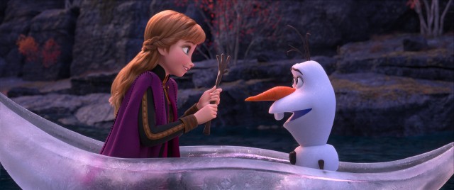 Anna reassures the increasingly nervous Olaf by holding his hand (and entire arm, in fact).