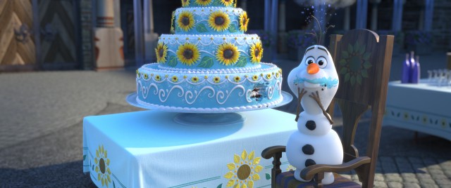 Olaf the snowman gets into Anna's birthday cake in "Frozen Fever."
