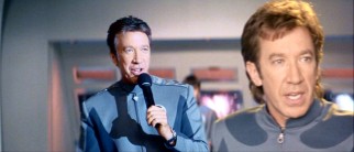Actor Jason Nesmith (Tim Allen) briefly enjoys a live microphone with which to rev up the Galaxy Quest convention fans in front of video of him as Commander Peter Quincy Taggart in a 1982 episode.