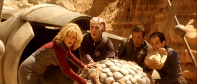 On a desert planet, four crew members of the NSEA Protector try to make off with this beryllium sphere and their lives.
