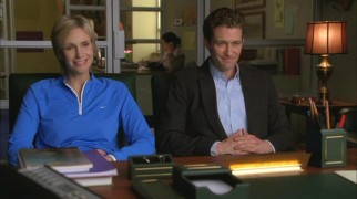 Sue (Jane Lynch) and Will (Matthew Morrison) are all smiles while in Principal Figgins' office, but the bloodbath will soon commence afterwards.