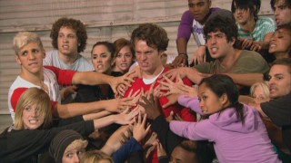Jonathan Groff and the rest of Vocal Adrenaline put on their best angry faces during rehearsals for "Bohemian Rhapsody." 