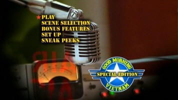 The animated Main Menu for "Good Morning, Vietnam": Special Edition: in about a second, you'll see Robin Williams moving about in the background.