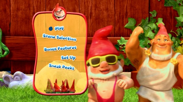 Mankini Gnome and other red gnomes mostly stay still on the DVD main menu's pan across the lawn.