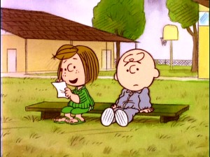 Peppermint Patty keeps Chuck apprised of his standing after each stage of his 1979 decathlon.