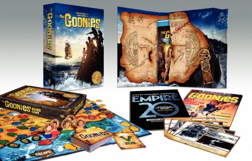 This shot gives us a look at the contents of the Blu-ray version of The Goonies: 25th Anniversary Collector's Edition, with cool large box, magazine reproductions, storyboard cards, and board game.