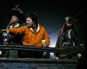 Gore Verbinski (center) directs Geoffrey Rush and Johnny Depp on a ship shoot for "Pirates of the Caribbean: At World's End."