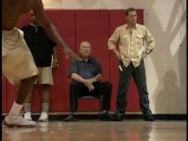 The real Don Haskins sits down, while the fake one (Josh Lucas) stands in "Surviving Practice."