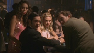 Ashleigh (Amber Stevens), Max (Michael Rady), Casey (Spencer Grammer), and Rusty (Jacob Zachar) look over at a cheating player that's robbing them of their earnings.
