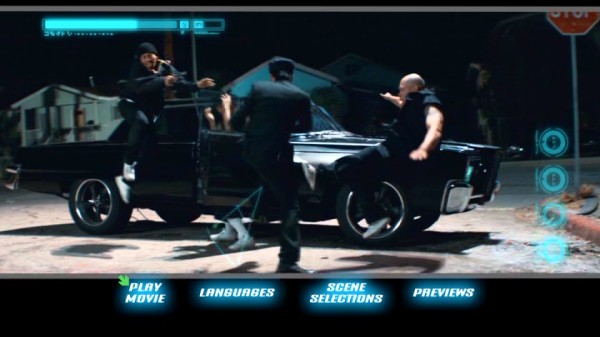 A Special Features listing is conspicuously absent from the DVD's main menu, which here finds Kato taking on multiple gang members in bullet time.