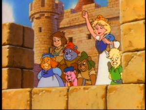 The Gummis team with human friends Cavin and Princess Calla to protect Castle Dunwyn.