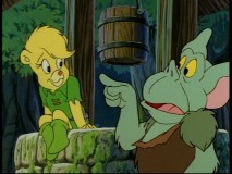 Toadie points at the Gummi Bear who saved his life in "Do Unto Ogres."