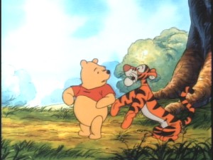Tigger lets Pooh know that the sky is falling.