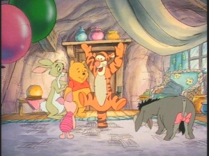 Tigger shows off his trademark bounce at the gang's going away party for Pooh.