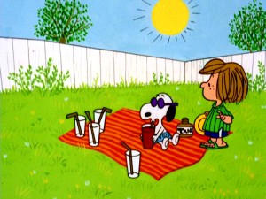 Instead of obedience training at Daisy Hill Puppy Farm, Snoopy decides he'll stay with Peppermint Patty and be served ice teas while sunbathing.