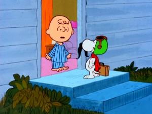 Snoopy dons a mustache for his return home to Charlie Brown.