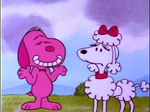 A pink-painted Snoopy shrugs his way through a heart-breaking goodbye to Fifi, his brief big top poodle love.