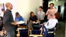 Writer/director John Hamburg has a laugh with his two leads and various crew members in "The Making of 'I Love You, Man."