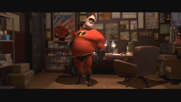 Mr. Incredible struggles to get into his suit in the film's memorable 2003 theatrical teaser.