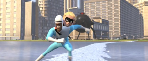 Frozone and Dash move away from the Omnidroid.