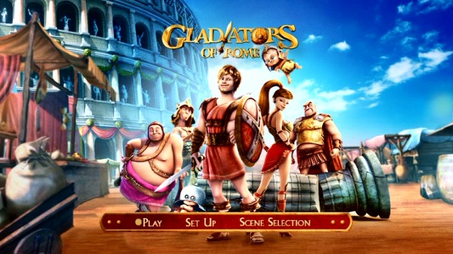 The narrow cover art is expanded on the barebones Gladiators of Rome's static DVD main menu.